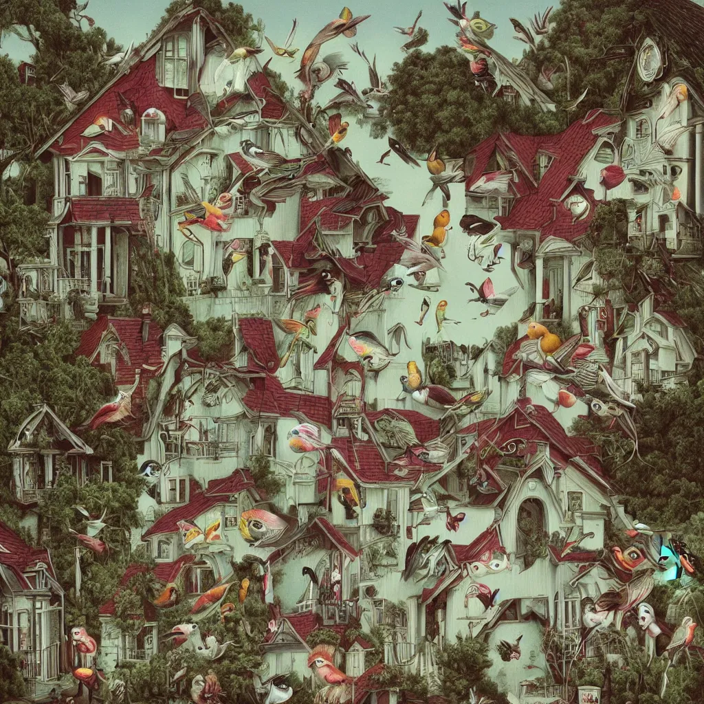 Image similar to anamorphic birds walking past a house, lowbrow surrealistic, in the style of Mark Ryden,