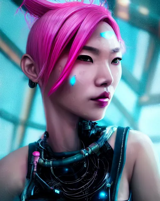 Image similar to portrait of a beautiful asian woman with pink hair as a cyberpunk cyborg half robot, sci - fi, missing panels, intricate abstract upper body intricate artwork, concept art, octane render, deviantart, cinematic, key art, hyperrealism, iridescent accents, portrait photograph, nikon 3 5 mm, photograph by greg rutkowski