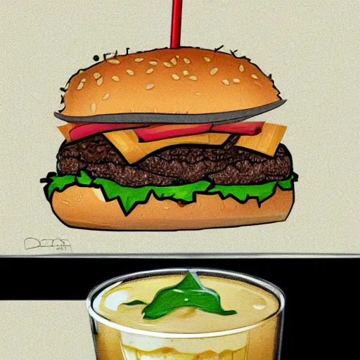 Image similar to a cartoon picture of a burger and a drink, concept art by derf, featured on deviantart, sots art, sketchfab, behance hd, concept art