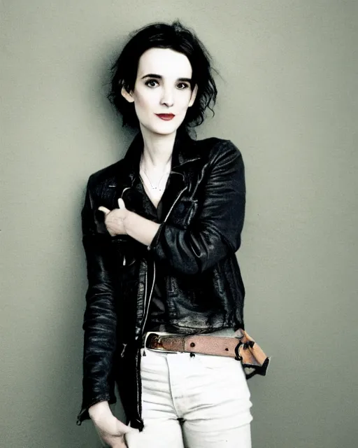 Image similar to headshot of young winona ryder, wearing a black bleather jacket, tom waits t - shirt and blue jeans with a belt, photoshoot in the style of annie leibovitz, soft focus, bokeh