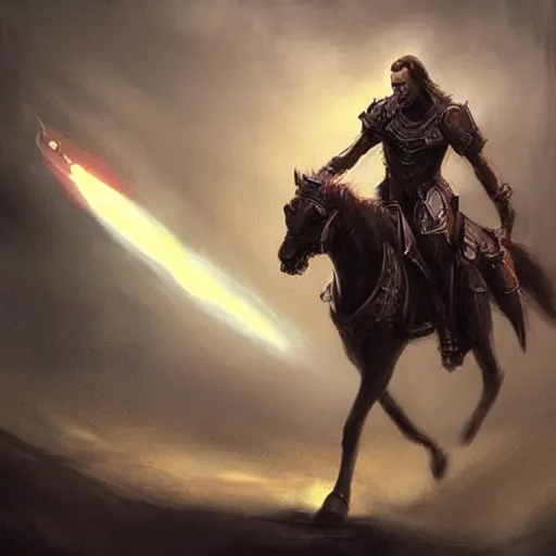 Prompt: “ rim light, fantasy, cinematic concept art, nicolas cage riding a robot horse out of hollywood as its exploding, award winning, dramatic lighting. ”