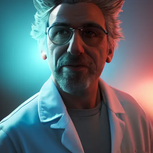 Image similar to portrait of rick sanchez, lab coat and tee shirt, lens flare, atmosphere, glow, detailed, intricate, full of colour, cinematic lighting, trending on artstation, 4 k, hyperrealistic, focused, extreme details, unreal engine 5, cinematic, masterpiece