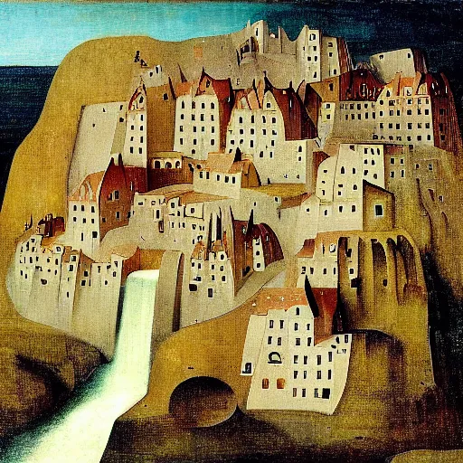 Prompt: pueblo indian cliffside houses by hieronymus bosch