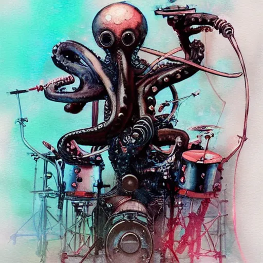 Image similar to Octopus playing R&R drum kit, cyberpunk, realistic, detailed, Industrial Scifi, paint, watercolor, in the style of Ashley Wood and Wadim Kashin