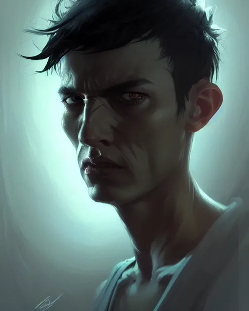 Image similar to professional concept art portrait of a diesel punk man with short black hair in a dark room by artgerm and greg rutkowski ( thin white border ). an intricate, elegant, highly detailed digital painting, concept art, smooth, sharp focus, illustration, in the style of cam sykes, wayne barlowe, igor kieryluk.