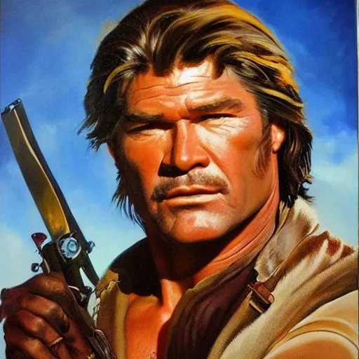 Image similar to ultra realistic portrait painting of kurt russel as a western outlaw, art by frank frazetta, 4 k, ultra realistic, highly detailed, epic lighting