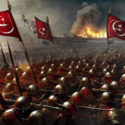 Image similar to The fall of Constantinople, battle of 1453, conquest by Sultan Mehmed II, Ottoman Empire, soldiers charging into battle screaming fiercely by Philipp A. Urlich, super detailed, 4k cinematic, 3D render, octane render, trending on ArtStation
