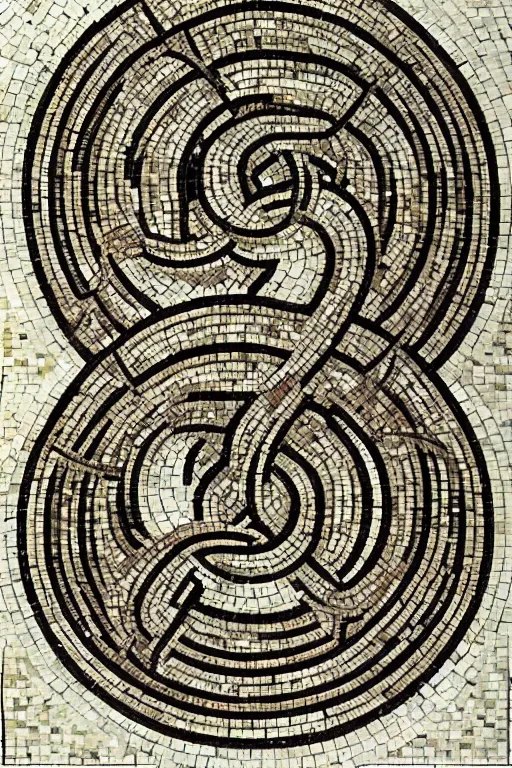 Prompt: a ceramic mosaic of the ouroboros, detailed faces, intricate detail, ancient babylonian art, occult art, alchemical diagram