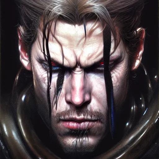 Prompt: portrait of snake from metalgear, dark, piercing eyes, exotic expression, esoteric clothing, photorealistic, highly detailed, mysterious lighting, artstation, smooth, sharp focus, art by michael whelan, artgerm, greg rutkowski and luis royo