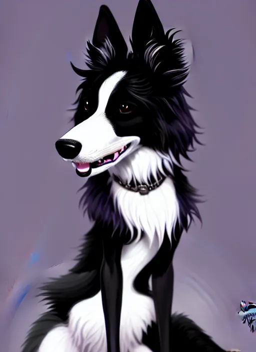 Image similar to wide angle beautiful full body portrait of a cute male anthropomorphic anthro border collie fursona wearing a black dress and sitting in a parlor room, character design by charlie bowater, henry asencio, and ross tran, furry art, furaffinity, beautiful, glamor pose, detailed, aesthetic, trending on artstation