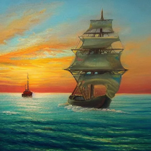 Prompt: A vivid painting of a ship leaving the dock on the day of reckoning. The sun is setting. Paradise is on the horizon.