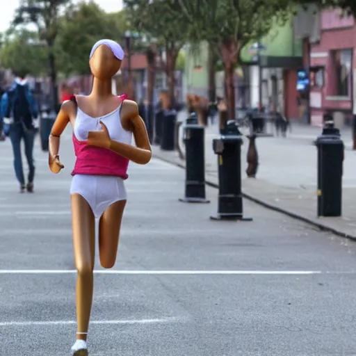 Prompt: a mannequin running down the street