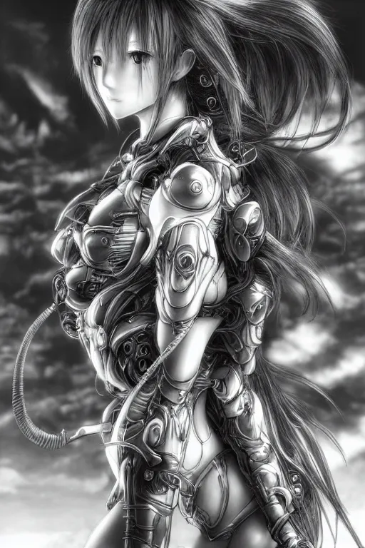 Image similar to a vertical portrait of a character in a scenic environment by Yoshitaka Amano, black and white, dreamy, cybernetic armor, wavy long black hair, highly detailed