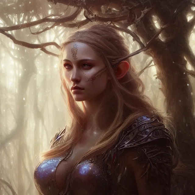 Image similar to close up portrait of a beautiful female elven warrior, magical forest background fantasy atmosphere. art by greg rutkowski. highly detailed, intricate, lifelike. sci - fi, fantasy, magical, nikon d 8 5 0.