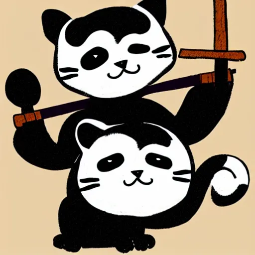 Image similar to kids drawning of a cute kitten with panda body and cat face, in a kimono, holds a sword