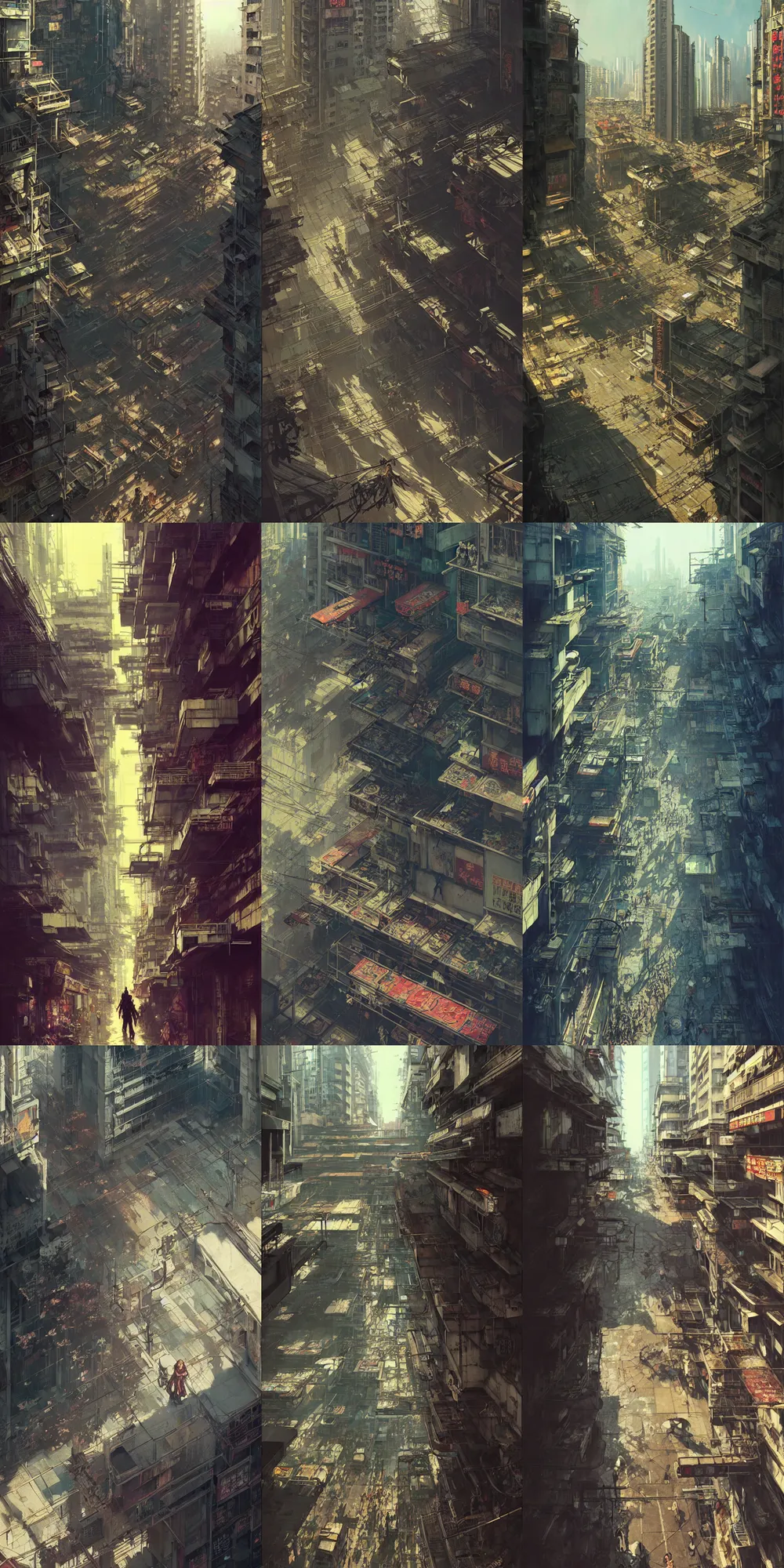 Prompt: ultra realistic beautiful apocalyptic cyberpunk kowloon balcony techno art, lots of signs, art by krenz cushart, wlop, yoji shinkawa, greg rutkowski, alphonse mucha, yuxiang chen, intricate, elegant, highly detailed, digital art, artstation, concept art, smooth, sharp focus, illustration, beautiful sunlight and shadows