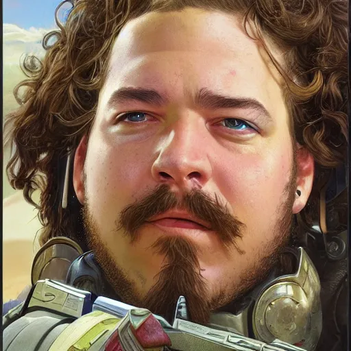 Image similar to Post Malone as a space soldier, close-up portrait art by Donato Giancola and James Gurney, digital art, trending on artstation