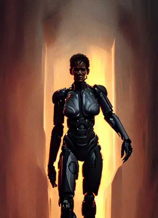 Image similar to halle berry as victor stone, full body concept, cyborg, borg, strogg, face of a man, terminator, flesh, quake strogg, doom demon, wolfenstein, monstrous, powerful, symmetry, symmetrical, concept art by ruan jia and greg rutkowski