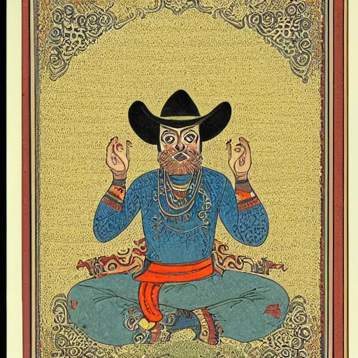 Prompt: scruffy cowboy sitting in lotus position, persian folkore artstyle, calligraphy border