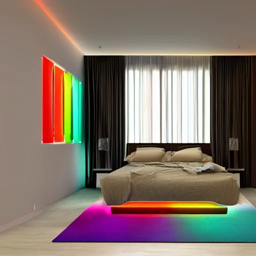 Image similar to govee led strip lighting in bedroom, scene, colourful, 8 k, unreal engine, realistic, house and home,