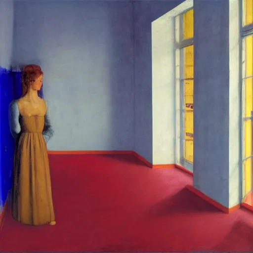 Prompt: a girl in a blue and red haunted liminal abandoned room, film still by edward hopper, by Pontormo, by klimt, art noveau, highly detailed, strong lights, liminal, eerie, Bright pastel colors