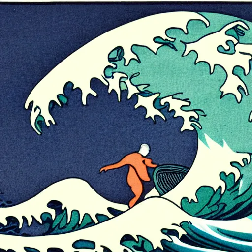 Prompt: detailed illustration, a elderly man surfing in the style of the great wave off kanagawa,