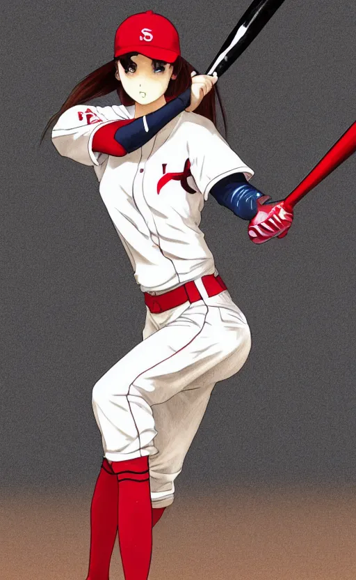 Image similar to anime style, female baseball player using bat, red sport clothing, strike pose, launching a straight ball, brown short hair, hair down, symmetrical facial features, from arknights, hyper realistic, rule of thirds, extreme detail, 4 k drawing, safebooru, realistic lighting, by alphonse mucha, greg rutkowski, sharp focus, backlit