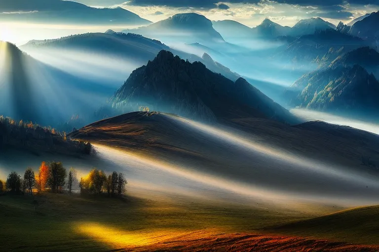 Image similar to landscape photography of romania by marc adamus, morning, mist, rays of light, beautiful