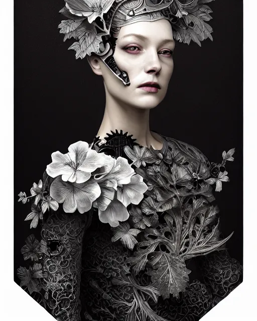 Image similar to monochrome profile portrait painting, dutch masters, silver lace floral steampunk biomechanical beautiful young female cyborg with one techno eye, volumetric light, leaves foliage and stems, hibiscus flowers, sinuous fine roots, fine foliage lace, alexander mcqueen, rim light, big gothic fashion pearl embroidered collar, 8 k