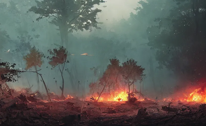 Image similar to scattered wreckage and debris, crater explosion. one single fighter design spaceship on fire crashed on the ground, on the ground, smoke, smoke, cloudy air, forest, swamp. Atmospheric lighting, overgrowth. By Makoto Shinkai, Stanley Artgerm Lau, WLOP, Rossdraws, James Jean, Andrei Riabovitchev, Marc Simonetti, krenz cushart, Sakimichan, trending on ArtStation, digital art.