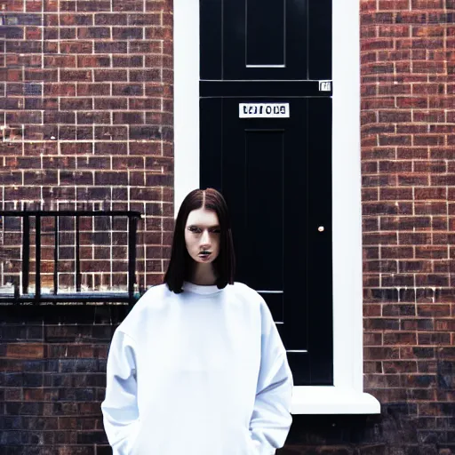 Image similar to un ultra high definition modern streetwear art photographic portrait of a female designer standing outside her red brick london home wearing all white. wide angle. three point light. golden hour, golden ratio, ray tracing, volumetric light and shadow, shallow depth of field.