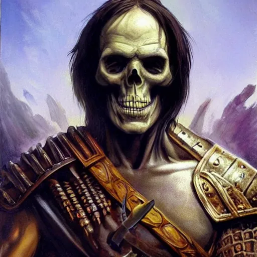 Image similar to ultra realistic portrait painting of skeletor as geralt of rivia, art by frank frazetta, 4 k, ultra realistic, highly detailed, epic lighting