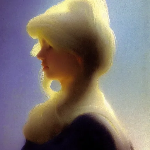 Image similar to a young woman's face, her hair is white and she wears a cobalt blue satin cloak, by ivan aivazovsky and syd mead and moebius and gaston bussiere and roger dean and pieter claesz and paul delaroche and alma tadema and aelbert cuyp and willem claesz, hyperrealistic, volumetric light, octane render