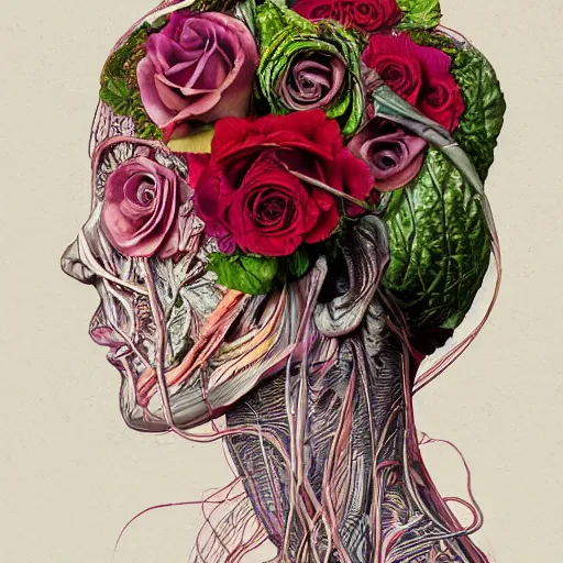 Image similar to the anatomy of a head of lettuce with roses that resemble a beautiful woman, an ultrafine detailed painting by james jean, intricate linework, bright colors, final fantasy, behance contest winner, vanitas, angular, altermodern, unreal engine, global illumination, radiant light, detailed and intricate environment