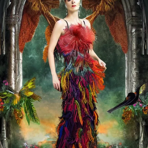 Image similar to Queen of the fae holding court while wearing a sleeveless feathered gown, powerful, intricate, hyper realism, colorful, 4k