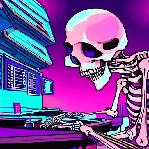 Image similar to a skeleton going ham on a synthesizer in a night club, outrun, synthwave, vaporwave