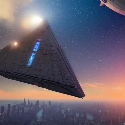 Image similar to 3 d point perspective, extreme long shot of the tip of an incommensurable imperial star destroyer hovering over the sky of new york city, tie fighters patrolling around, golden hour, deep depth of field, make all elements sharp, aerial view, 8 k, octane render, unreal 5, hyperrealistic, symmetrical, intricate digital art, photoshop, cgi art