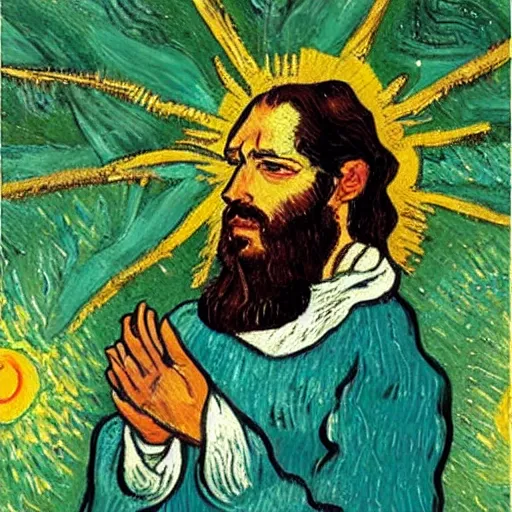 Image similar to jesus spreads his hands against the background of growing cannabis. an oil painting in the style of van gogh