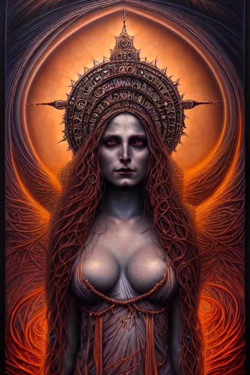 Image similar to A beautiful detailed goddess woman super dark tarot card, by tomasz alen kopera and Justin Gerard, 3rd eye open, beautiful symmetrical features, ominous, magical realism, texture, intricate, ornate, royally decorated, melting, whirling smoke, embers, red adornements, red torn fabric, radiant colors, fantasy, trending on artstation, volumetric lighting, micro details, 3d sculpture, ray tracing, 8k, anaglyph effect