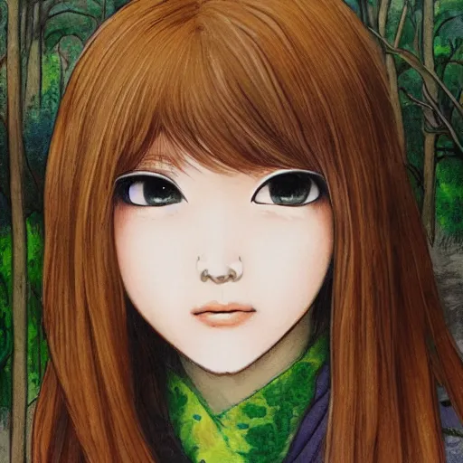 Prompt: detailed cute girl in a forest, style from aoshima chiho, detailed face