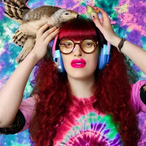 Prompt: a stunning hyper-detailed portrait photo of a bespectacled woman with long red hair and bangs, wearing a tie-dye t-shirt, wearing steampunk headphones and posing with her raccoons and parrots in an overstuffed easy chair in her sunlit living room, holding a coffee cup and a donut and smoking an elaborate hookah, perfect eyes, octane render, unreal engine, 85 mm lens,