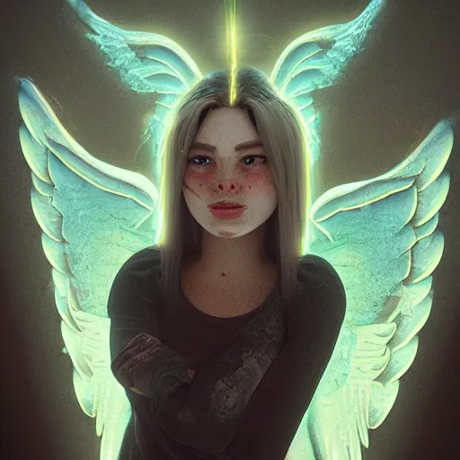 Image similar to angel spirit guide, cartoon portrait made out of rain, realistic, highly detailed, neon, rendered in octane, unreal engine, beautiful, trending on artstation,