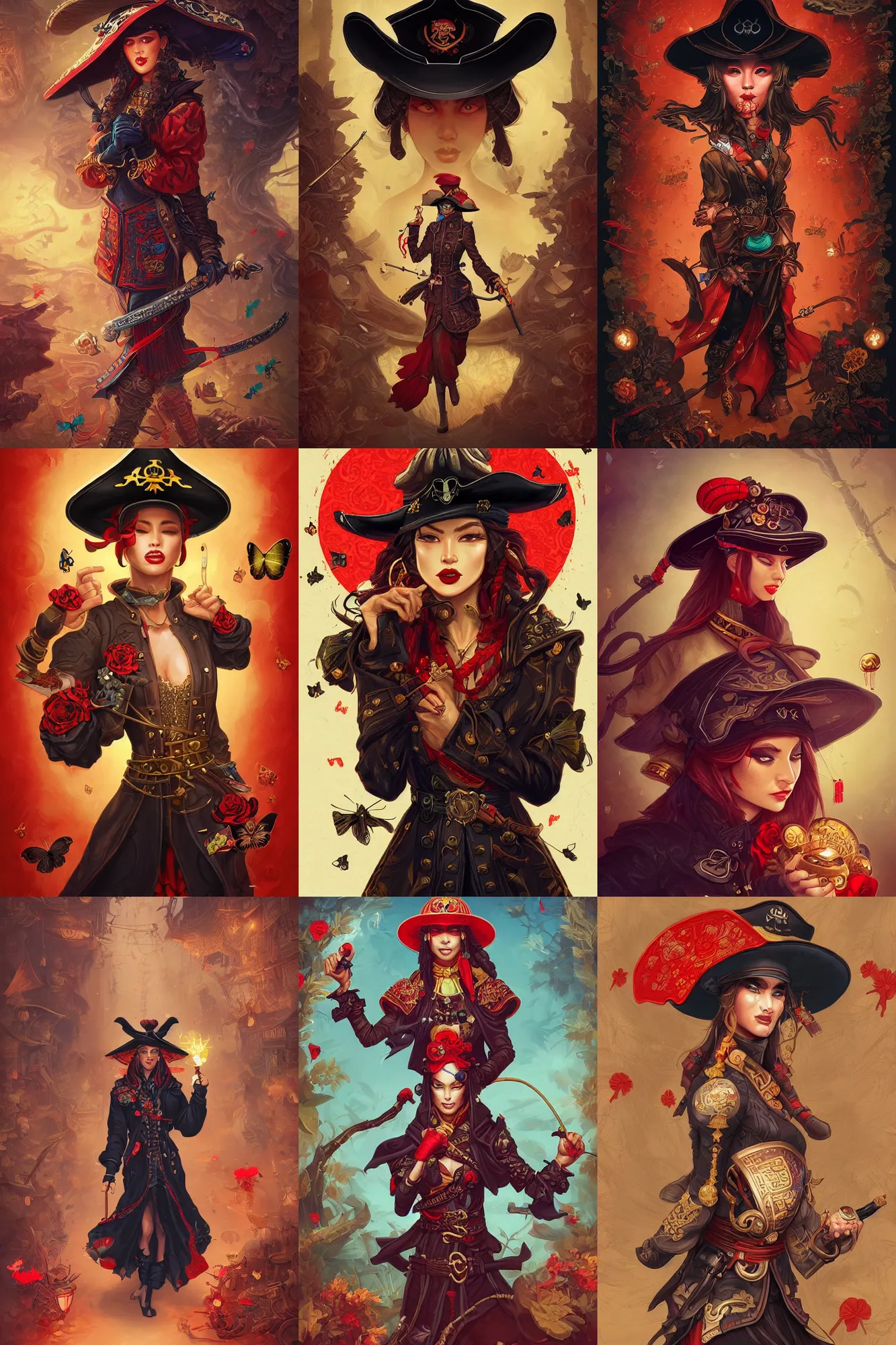 Prompt: a woman, a fighter in a chinese hat. wearing a black pirate coat. golden buttons, red lining. dark background. next to red butterflies. digital art by Dan Mumford and Peter Mohrbacher, highly detailed, trending on ArtStationHQ