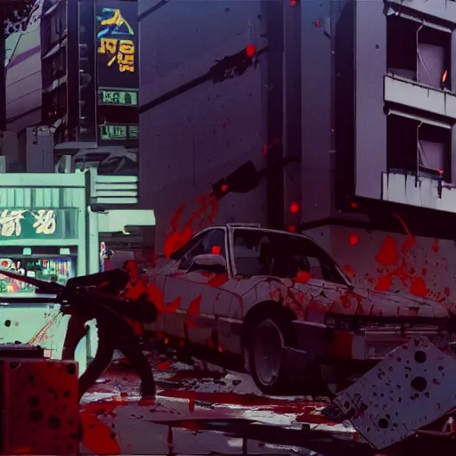 Prompt: 1991 Video Game Screenshot, Anime Neo-tokyo Cyborg bank robbers vs police shootout, bags of money, Police Shot, Bullet Holes and Blood Splatter, Anime VFX, Violent, Action, MP5S, FLCL, Highly Detailed, 8k :4 by Katsuhiro Otomo + Studio Gainax + Arc System Works : 8