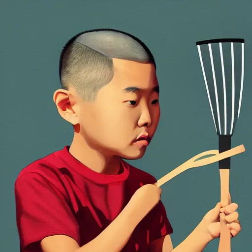 Image similar to dramatic portrait of chinese boy buzz cut, holding a spatula, digital painting