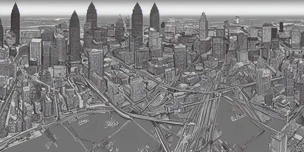 Image similar to cleveland skyline, escher, masterpiece, highly detailed, 4 k