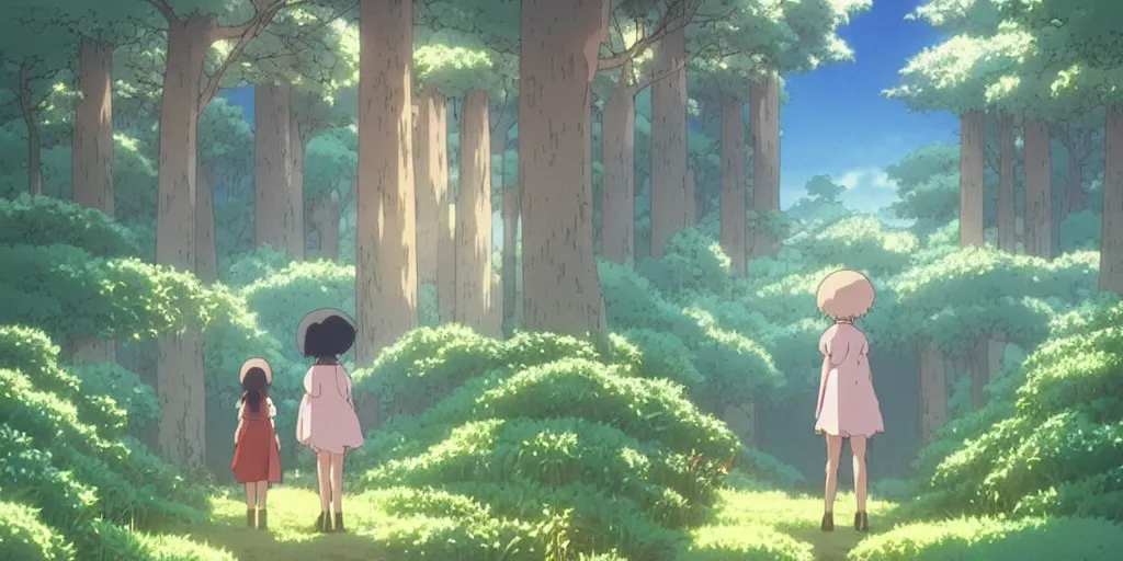 Image similar to the girl and the misty morning. anime visual of a cozy village in a magical forest. calm and peaceful mood. morning mist. illustrated by hayao miyazaki. anime production by studio ghibli. high quality, visually stunning, majestic, fall, official media