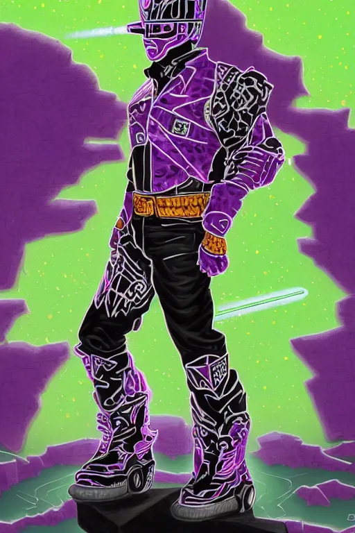 Image similar to portrait of cowboy johnny cash as purple green optimus prime power ranger from transformers surfing tonic stimulant fluids on air guitar zord UFO hoverboard, intricate, highly detailed, smooth, artstation, digital illustration by Lisa Frank and Ruan Jia and Mandy Jurgens and Artgerm and Wayne Barlowe and Greg Rutkowski and Zdislav Beksinski