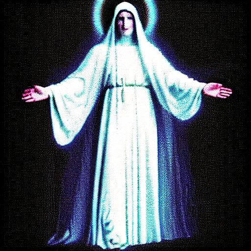 Image similar to vhs static overlay of marian apparition, vhs, 1 9 9 0, highly realistic, highly detailed, vhs noise static, black and white, vhs glitch