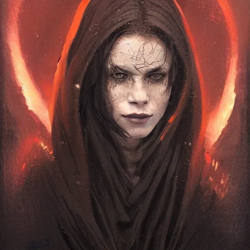 Prompt: portrait of an woman by Greg Rutkowski, she is about 20 years old, pretty, long brown wavy hair, tribal tattoos on her face, scar near her mouth that makes her look like she's smiling all the time, wearing black sith robes, Star Wars Expanded Universe, highly detailed portrait, digital painting, artstation, concept art, smooth, sharp foccus ilustration, Artstation HQ